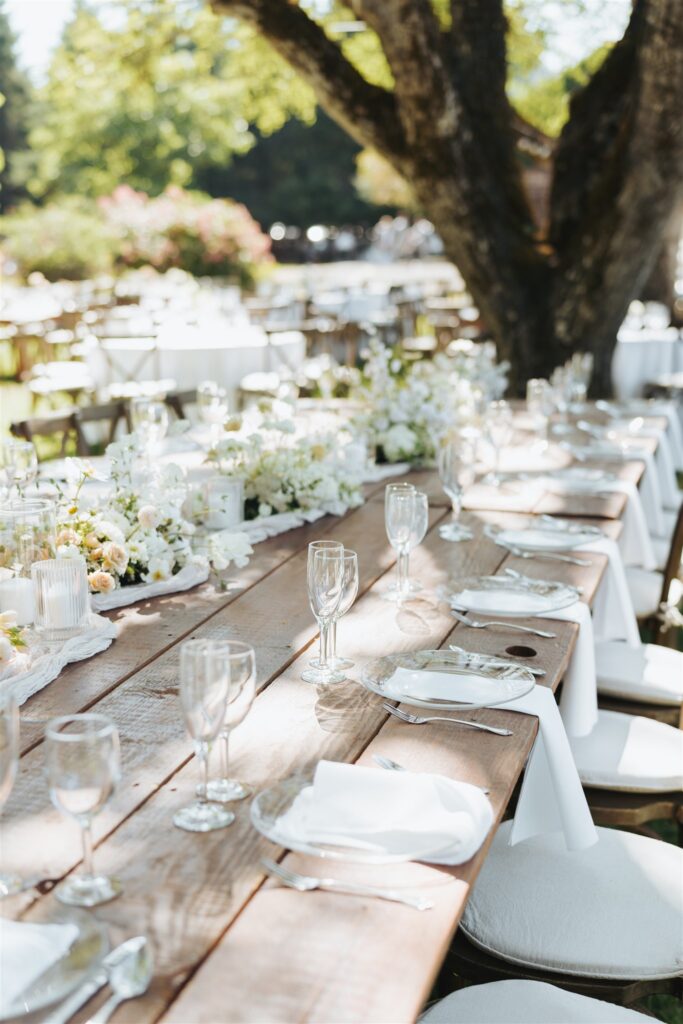 garden party reception table setting with flowers